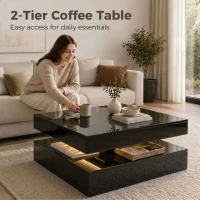 HOMCOM LED Coffee Table with Storage, 2-Tier Modern Centre Table with Open Shelf and Remote for Living Room, High Gloss Black(m-6)