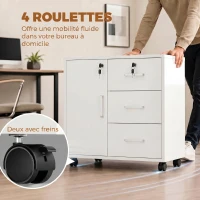 HOMCOM Caisson bureau meuble de rangement verrouillable avec 3 tiroirs et étagère réglable, roulettes, 40 x 60 x 56 cm, blanc(m-7)