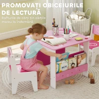 Set masă AIYAPLAY cu 2 scaune pentru copii, vârstă 3-8 ani, masă cu rafturi integrate din MDF cu imprimeuri inimioare, roz(m-6)