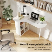 HOMCOM Birou pentru Cameră cu Blat Curbat, 6 Rafturi și 4 Polițe Reglabile, din Oțel și Lemn, 100x59x75,5 cm, Alb(m-4)