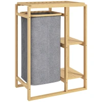 HOMCOM Coș pentru rufe cu sac detașabil și rafturi cu lamele din bambus, 50x32x70 cm, Gri(m-1)