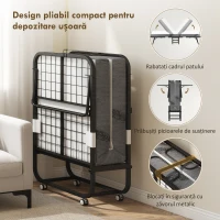 HOMCOM Pat pliabil single 90x200 cm cu saltea groasă de 10 cm, cadru metalic și roți cu frână, negru(m-6)
