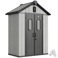 Outsunny Depozit de grădină, șopron, depozit pentru unelte, din plastic, cu podea, cadru metalic, guri de aerisire, 2 ferestre, uși duble blocabile, acoperiș înclinat, 3m², gri(m-11)