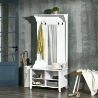 HOMCOM Garderobenständer mit Sitzbank Garderobenset Flurgaderobe 3-in-1 mit Schuhschrank Wandspiegel 4 Haken Weiß 80 x 40 x 170 cm(m-10)