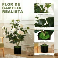 HOMCOM Planta Artificial de Camélia 65 cm com Flores de Seda Realistas 116 Folhas e Efeito de Musgo Branco(m-4)