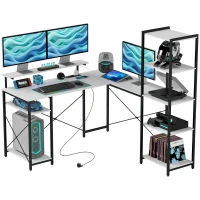 HOMCOM Birou Colțar cu Prize Electrice și USB, Raft și Suport pentru Monitor, Alb și Negru(m-12)