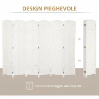 HOMCOM Paravento Divisorio da Interni Pieghevole a 6 Ante Intrecciato, 240x170 cm, Bianco(m-5)