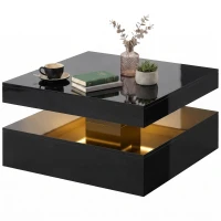 HOMCOM LED Coffee Table with Storage, 2-Tier Modern Centre Table with Open Shelf and Remote for Living Room, High Gloss Black(m-15)