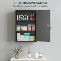 kleankin 3-Tier Steel Wall Mount Medicine Cabinet, First Aid Cabinet Lockable with 2 Keys for Bathroom and Kitchen, Black(m-5)