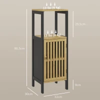 HOMCOM Mobiletto Bagno con Ripiano Aperto e Armadietto, in MDF e Bambù, 32x30x90.5 cm, Nero e color Legno(m-3)