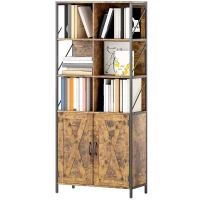 HOMCOM Estante de 6 Níveis Estante de Livros com Compartimentos Abertos 2 Portas Estilo Industrial 75x34x172 cm Castanho Rústico(m-11)
