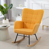 HOMCOM Poltrona Baloiço em Borrego com Oscilação de 40° Pés de Madeira de Faia e Estrutura de Aço 71x98x101 cm Amarelo(m-2)