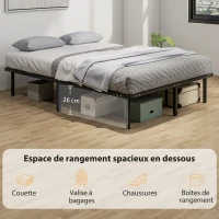 HOMCOM Cadre de lit 140 x 190 cm, lit 2 personnes avec sommier à lattes en bois massif et pied, avec rangement au-dessous, noir(m-6)