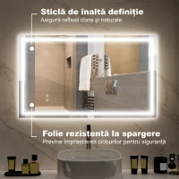 HOMCOM Oglindă de baie cu lumini LED reglabilă în 3 culori și strat antișoc, din sticlă și metal, 100x3x60 cm(m-6)