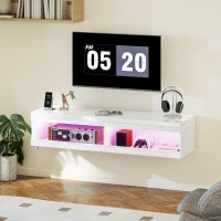 HOMCOM Mueble de TV Suspendido con Luces LED con Control Remoto Compartimentos Orificios Pasacables 140x40x30 cm Blanco Brillo(m-10)