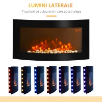HOMCOM Șemineu Electric de Perete cu Lumină LED în 7 Culori, Putere 1000/2000W și Temperatură 15-30°C, Negru(m-12)
