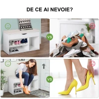HOMCOM Bancă pentru Pantofi de Intrare, Economisitoare de Spațiu, cu Șezut Imblopat și Rafturi Deschise, pentru Hol, Alb(m-7)