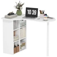 HOMCOM Birou pentru Cameră cu Blat Curbat, 6 Rafturi și 4 Polițe Reglabile, din Oțel și Lemn, 100x59x75,5 cm, Alb(m-11)