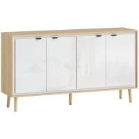 HOMCOM Bufet Modern cu 4 Uși și Raft Reglabil, 141x35x77 cm, Alb Lucios și Stejar(m-1)
