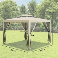 Outsunny Pavilion de Grădină 3x3m cu Plasă de Țânțari, Acoperiș Dublu și Cadru din Metal, Bej(m-3)