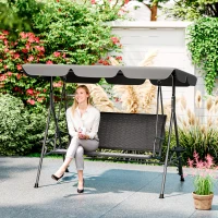 Outsunny Balansoar de Grădină 3 Locuri din Ratan PE cu Acoperiș Reglabil și Suporturi pentru Pahare, Balansoar de Exterior cu Cadru din Oțel, Capacitate 320 kg, 204x112x150 cm, Gri(m-2)