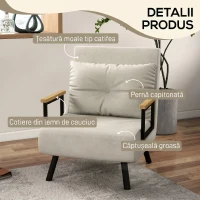 HOMCOM Fotoliu Pat 3 în 1 cu Spătar Reglabil și Pernă, din Material cu Efect de Catifea, 63x73x81 cm, Crem(m-6)