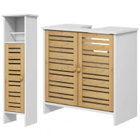 HOMCOM Conjunto de Móveis para Casa de Banho Inclui 1 Móvel para Lavatório Pousar 1 Coluna Casa de Banho com Portas de Bambu Suporte para Papel Higiénico e Prateleiras Ajustáveis Branco e Madeira(m-7)