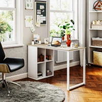 HOMCOM Birou pentru computer, economisire spațiu, cu 4 rafturi deschise, din lemn și oțel, 120x54x75 cm, alb și stejar(m-10)