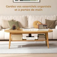HOMCOM Table Basse à 2 Niveaux, Table de Salon Moderne avec Étagère Inférieure Ouverte et Pieds en Bois d'Hévéa, Bois Naturel(m-4)