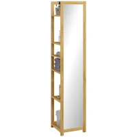 HOMCOM Etajeră de baie cu oglindă și 6 rafturi, dulap cu oglindă din bambus, 35x35x168cm, culoare lemn(m-11)