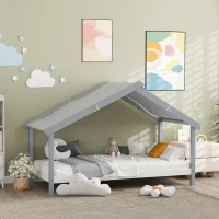 HOMCOM Letto a Casetta in Legno di Pino a 15 Doghe con Tetto Stellato in Tessuto, 213x100x140 cm, Grigio(m-9)