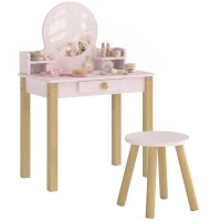 AIYAPLAY Set Masă de Toaletă pentru Fete cu Taburet, Oglindă, Sertar, din Lemn de Pin și MDF, pentru 3-6 Ani, Roz(m-11)