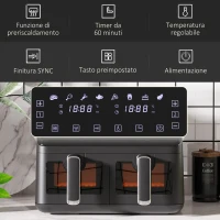 HOMCOM Friggitrice ad Aria con 2 Cestelli Indipendenti e 8 Menù, in Acciaio e PP, 38.5x38x30.5 cm, Nero(m-6)