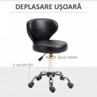 HOMCOM Taburet Rotativ 360° Reglabil, Taburet Cosmetic cu Spătar, din Oțel și Piele Ecologică, Negru(m-6)