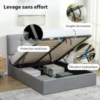 HOMCOM Lit coffre 140x190, cadre de lit double rembourré avec sommier à lattes en bois et rangement cach, sans matelas, gris(m-5)
