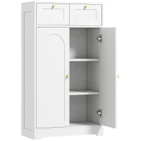 HOMCOM Armário de Casa de Banho Estreito com 2 Gavetas Prateleira Aberta e Porta com Painel Arqueado 60x30x108 cm Branco Texturizado(m-1)