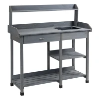 Outsunny Table de rempotage multi-équipée table de jardinage avec tiroir, 3 étagères, évier, 3 crochets - table de plantation bois sapin pré-huilé gris(m-12)