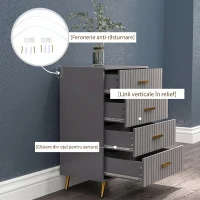 HOMCOM Comodă modernă cu 4 sertare din lemn și aluminiu, 60x40x90 cm, auriu și gri închis(m-6)