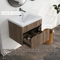 kleankin Dulap pentru chiuvetă de 60cm cu sertar din lemn și lavoar din ceramică, maro deschis(m-9)