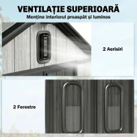 Outsunny Depozit de grădină, șopron, depozit pentru unelte, din plastic, cu podea, cadru metalic, guri de aerisire, 2 ferestre, uși duble blocabile, acoperiș înclinat, 3m², gri(m-7)