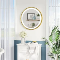 kleankin Specchio Bagno con Luce LED, Luminosità Regolabile a 3 Tonalità e Funzione Memoria, Ø60 cm, Oro(m-10)
