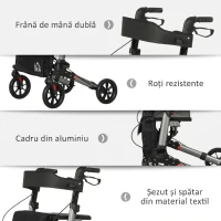 HOMCOM Cadru de mers pliabil din aluminiu, reglabil pe înălțime, cu geantă, 64x67x80-92 cm, negru și argintiu(m-6)