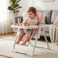AIYAPLAY Scaun de Masă Pliabil pentru Copii 6-36 Luni cu Înălțime Reglabilă, Dublă Tăviță Lavabilă, Roți, Roz(m-8)