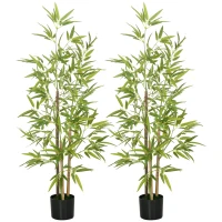 HOMCOM Bambus-Kunstbaum 2er-Set, 3 Stämme, pflegeleicht, 120 cm, Zementtopf, Grün(m-12)