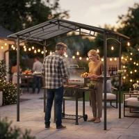 Outsunny 246 x 149cm Outdoor BBQ Protective Gazebo Tent Aluminium Steel Frame w/ 2 Shelves Hardtop Roof Canopy Ground Stakes Safe Cooking(m-7)