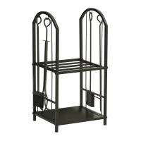 Outsunny Suport lemne cu 2 rafturi din metal, cu lopată, mătură, cârlig și clește, 41,5x32,5x74,5 cm, negru(m-7)