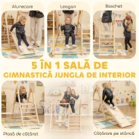 AIYAPLAY Set de Cățărare 5 în 1 Pliabil cu Tobogan, 2 Panouri, Leagăn și Coș, din Lemn, 140x172,5x116,5 cm(m-4)