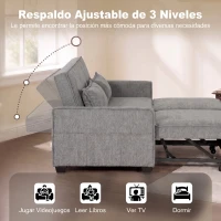 HOMCOM Sofá Cama 2 Plazas 4 en 1 con 2 Módulos Extraíbles Respaldo Ajustable 3 Niveles Bolsillos Laterales 2 Almohadas Gris(m-5)