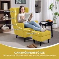 HOMCOM Ohrensessel mit Fußhocker, Polstersessel mit Kautschukholzbeinen, Stoffbezug, Gelb(m-4)