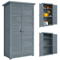 Outsunny Dulap de Exterior din Lemn cu 2 Uși Tip Jaluzea și Rafturi Interne, 87x46.5x160 cm, Gri(m-11)